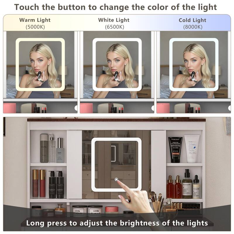 Farmhouse Makeup Vanity Desk with Sliding Mirror & Upholstered Stool, Built-in Power Strip Dressing Table Writing Table