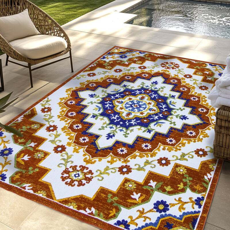 Gertmenian Kalari Modern Bold Multicolored High-Low UV Protected Polypropylene Woven Indoor/ Outdoor Area Rug Collection - 7'10"x10' - Amira Red