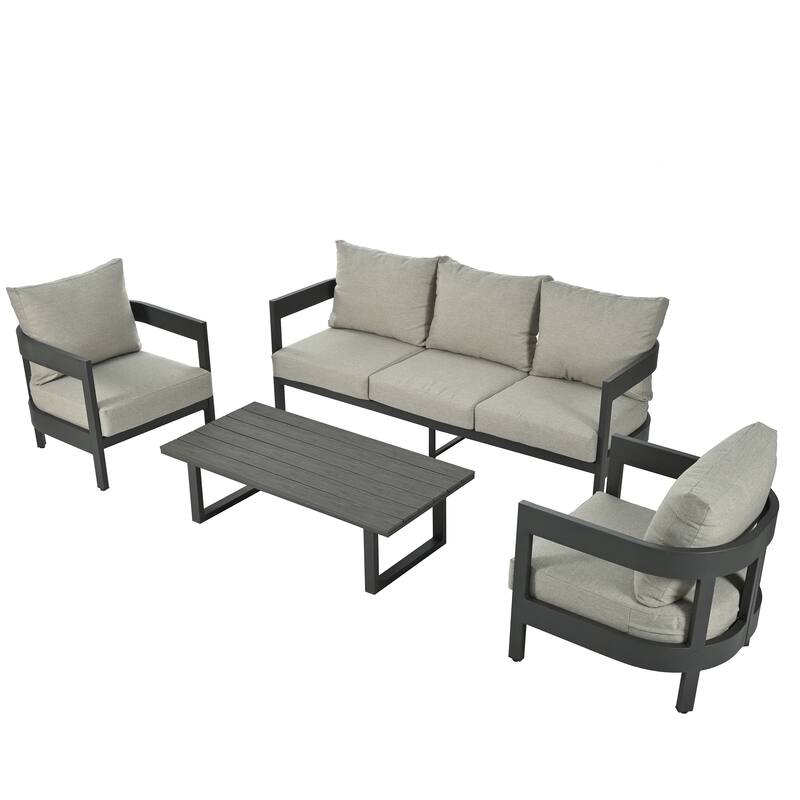 4-Piece Outdoor Conversation Set with Iron Frame, Plush Cushions, and Plastic Wood Table, Durable Patio Seating