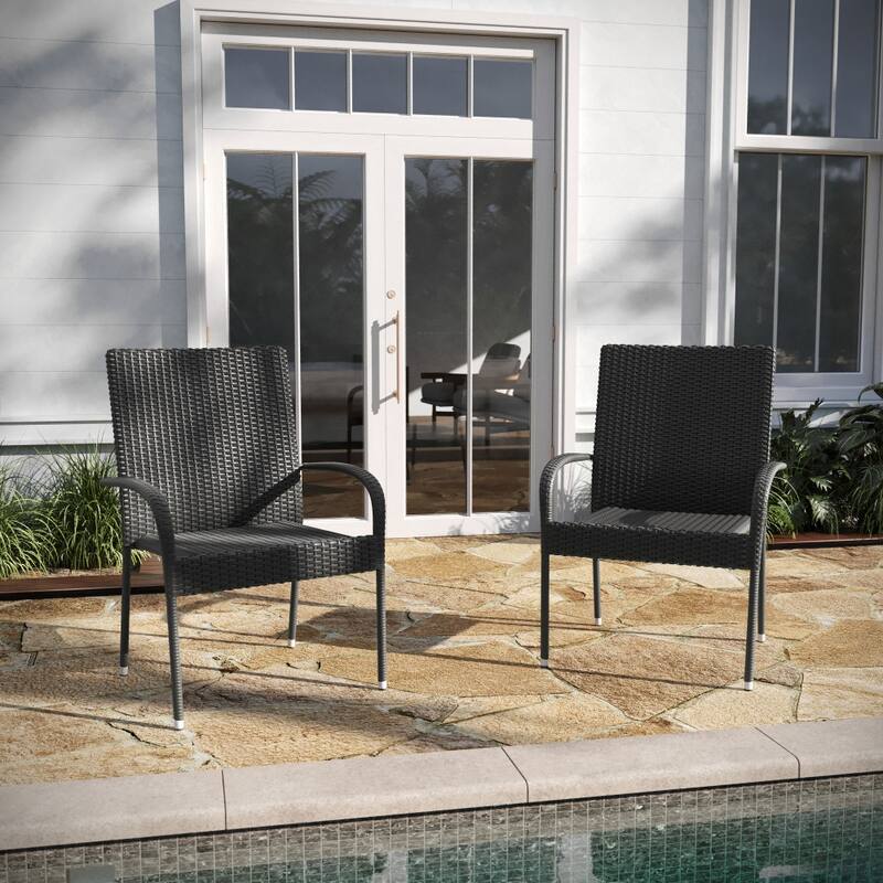 Indoor/Outdoor Stacking Steel Framed Wicker Dining Armchairs - 2 Pack - Gray