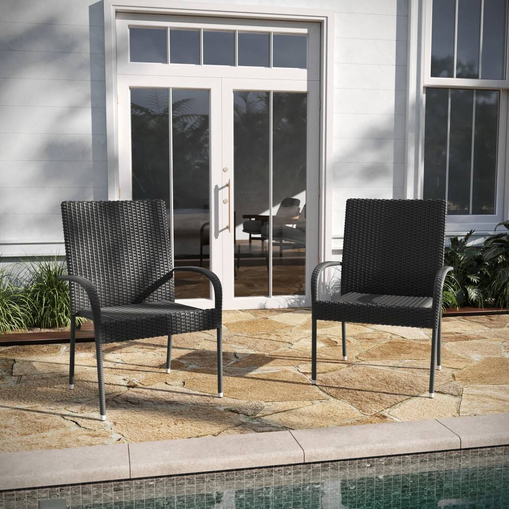 Indoor/Outdoor Stacking Steel Framed Wicker Dining Armchairs - 2 Pack
