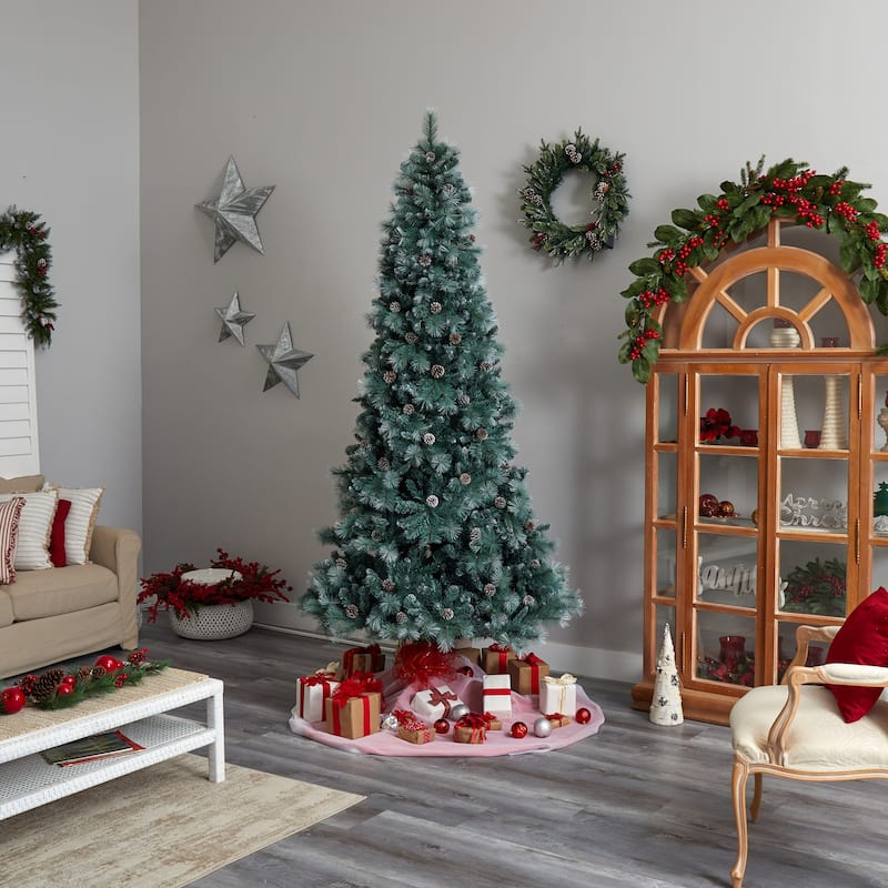 9ft. Frosted Tip Pine Artificial Christmas Tree with 700 Clear Lights, Pine Cones & 1512 Branches - Stunning X-Mas Display