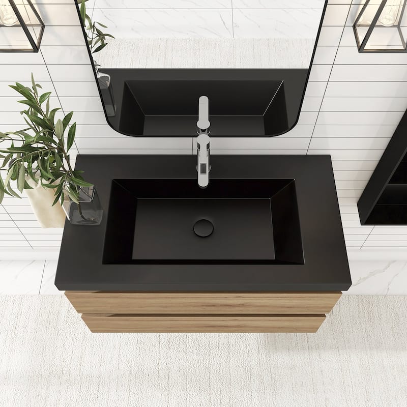 24/30/36 inch Wall-Mounted Bathroom Vanity Set in F. Oak with Integrated Black Resin Sink