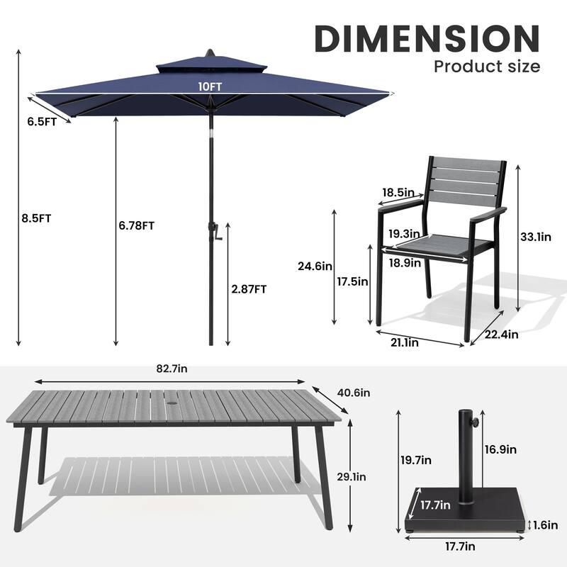 11-Piece Patio Dining Set w/10 ft Umbrella and Base, Rectangle Aluminum Table and 8 Stackable Chairs