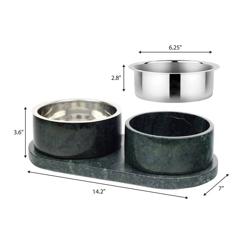 Marbre 12oz Double Pet Bowl Set - Marble & Stainless Steel with Non-Slip Tray