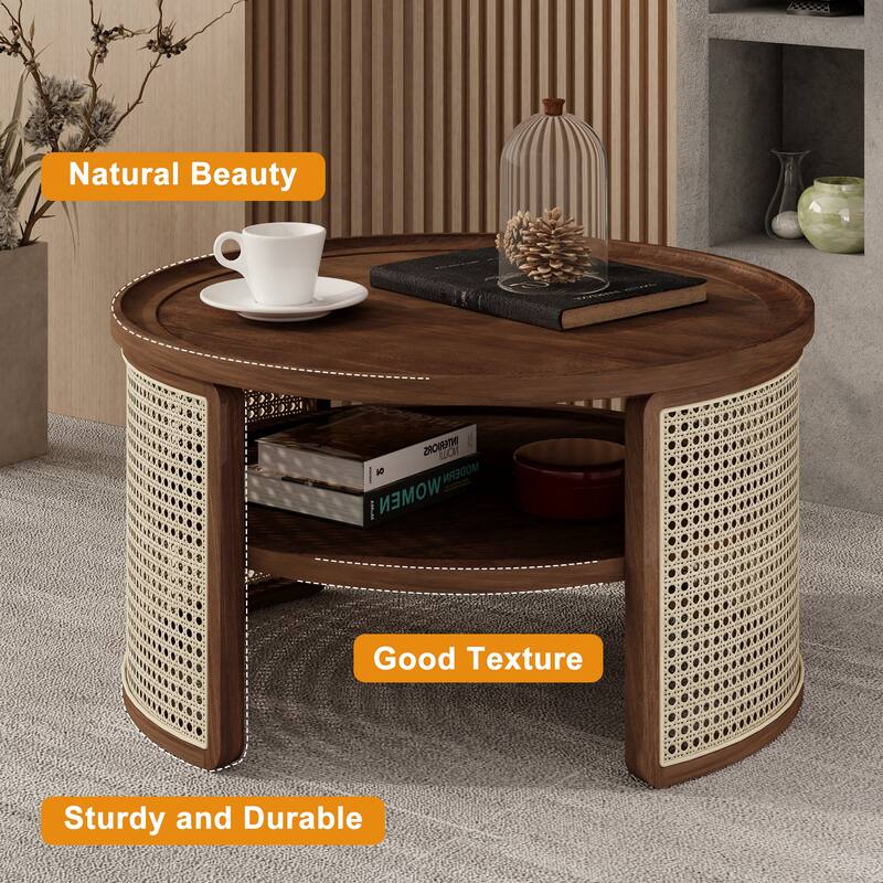 31.3 Inch Modern 2 Tier Round Coffee Table with Semi Hidden Storage and Rattan Base, for Living Room