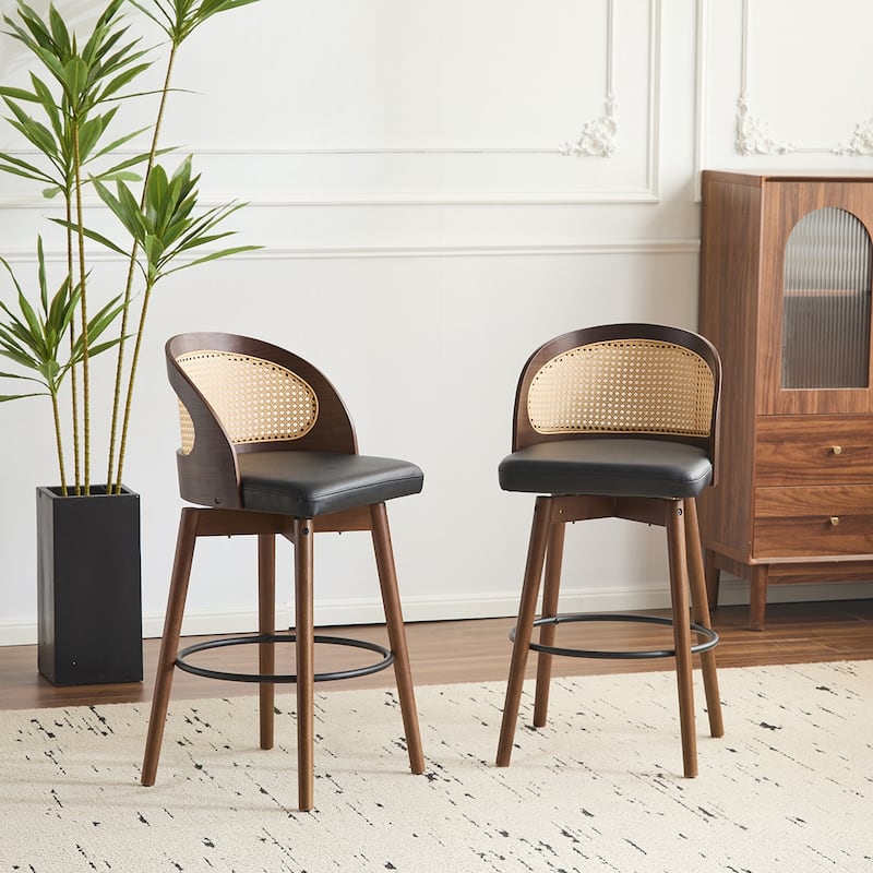 Rattan Fabric Wood Barstool - Black