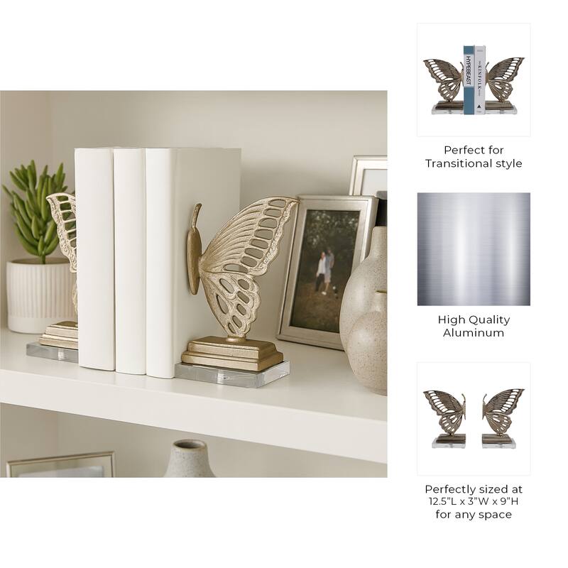 Metal Bookends Butterfly Metallic Finish (Set of 2) - 9" Gold - 12.5"