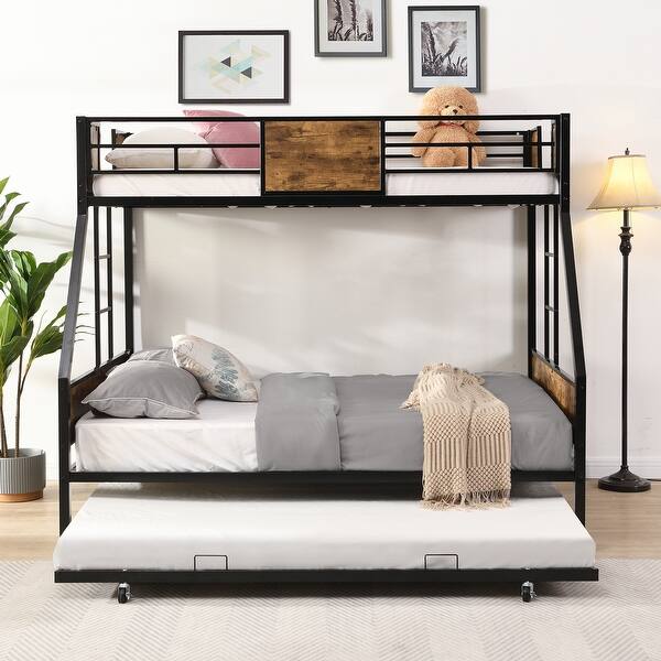 slide 2 of 7, Twin Over Full Metal Bunk Bed with Trundle, Full-Length Guardrail, and Ample Under-Bed Storage Black+Brown