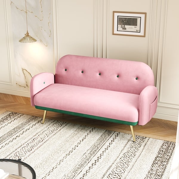 Small Space Velvet Light Pink Sofas Couches, Modern Color Contrast Loveseat with Side Storage and Heart & Square Throw Pillows - Bed Bath & Beyond