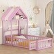 preview thumbnail 3 of 11, Wooden Floor Bed with Fence Railings and Detachable House Shape Headboard, Twin Size Bed