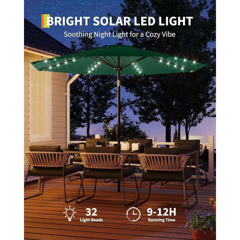9 Ft Patio Umbrella with Solar Lights, Outdoor Table Umbrella with 32 LED Lights & Tilt Crank