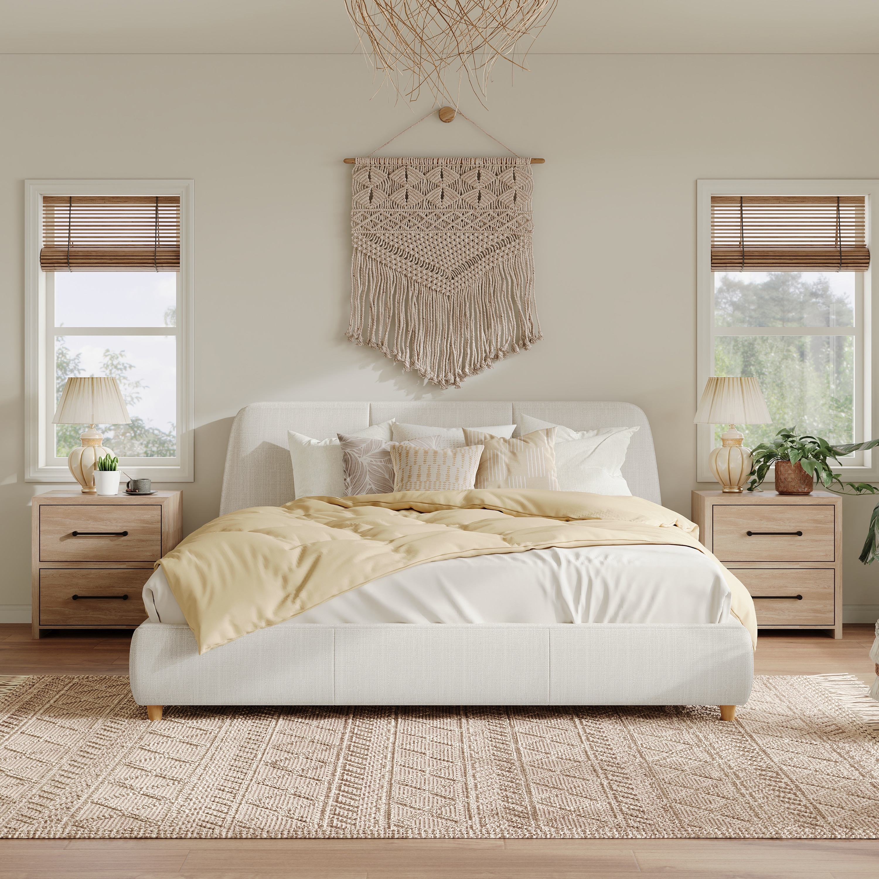 Roomfitters Queen Size Modern Upholstered Platform Bed Frame with Linen Fabric and Solid Wood Legs, White