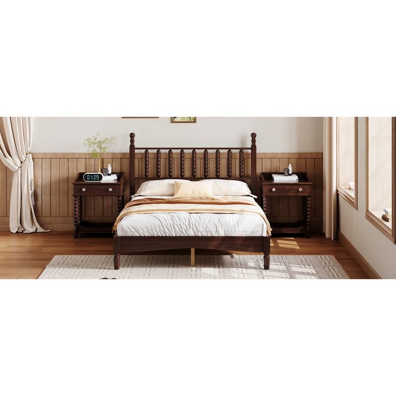 Roomfitters Wood Platform Bed, Retro Gourd Spindle Headboard with Solid Slat Support, Walnut