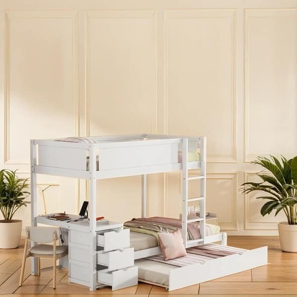 slide 2 of 12, Classic Elegant Twin Over Twin Bunk Bed with Twin size Trundle, Storage and Desk White