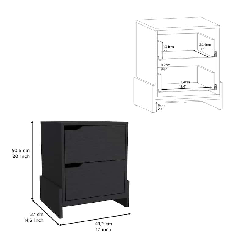 HomeRoots 20" Black Two Drawer Faux Wood Nightstand