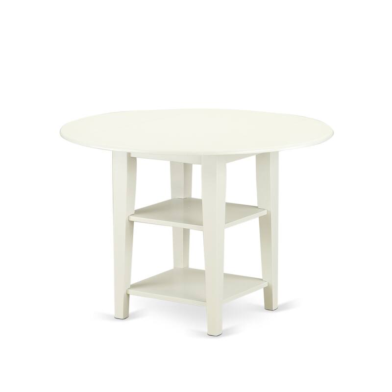 HomeStock 5-Piece Round Linen White Finish Solid Wood Top Dining Table with 4 Chairs with Drop Leaf Slat Back