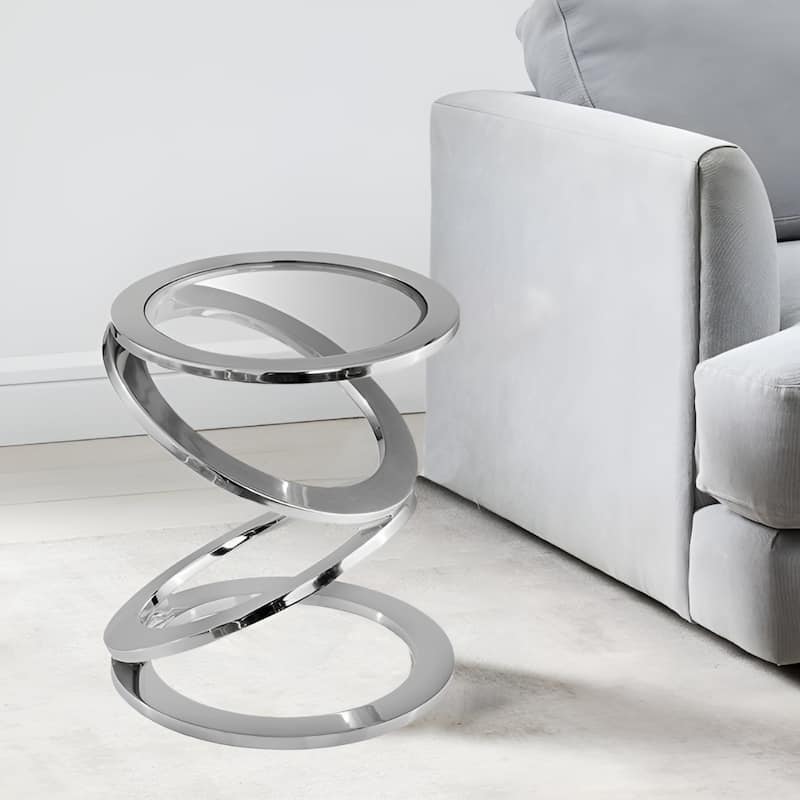 Silver Glass Top Round End Table with Spiral Aluminum Base and Modern Design - 15.5” x 15.5” x 16.5” (D x W x H)