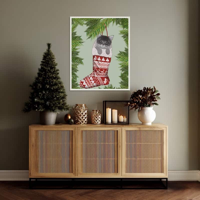 Grey Kitten in Christmas Stocking by Fab Funky (23 x 28 in.), Framed Canvas Wall Art Print - Sylvie Beaded White