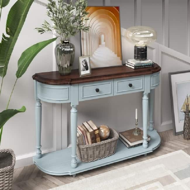 Retro Circular Curved Design Console Table with Open Style Shelf Solid ...