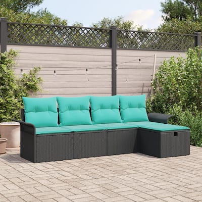 vidaXL 5 Garden Sofa Set with Cushions Black Poly Rattan - 98.8 x 46.1 x 27.2