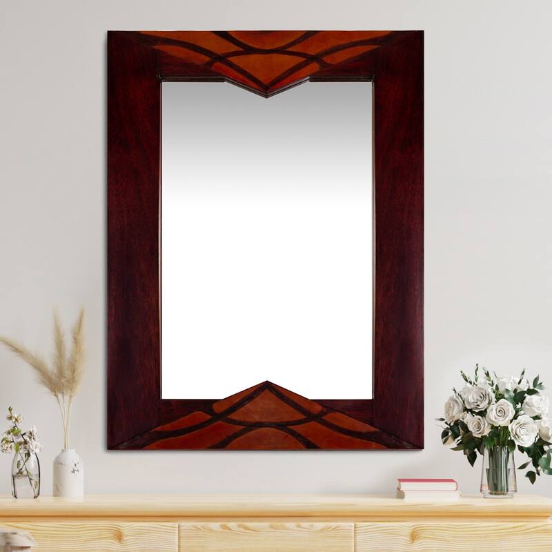 Novica Handmade Introspective Wood And Leather Wall Mirror