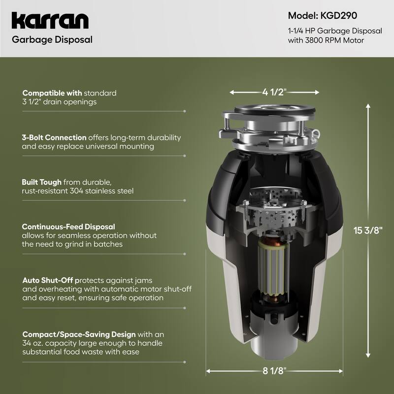 Karran USA KGD290 1-1/4 HP Continuous Garbage Disposal