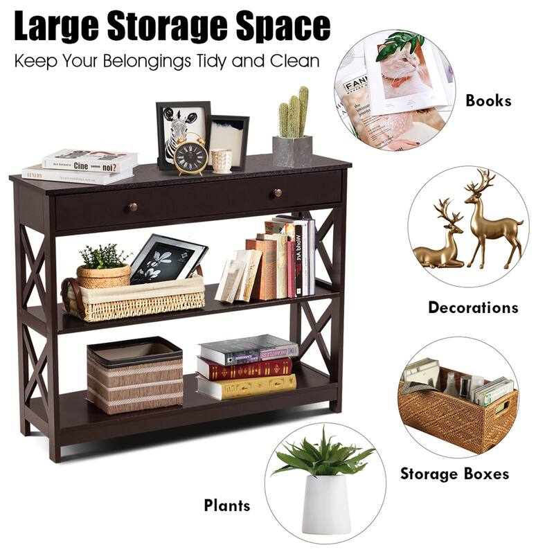 Costway 3-Tier Console Table X-Design Sofa Entryway Table with Drawer