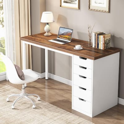 Computer Desk with 5 Drawers, 47 inches Rustic Home Office Desk with Storage, Modern Simple Laptop Desk Study Writing Table