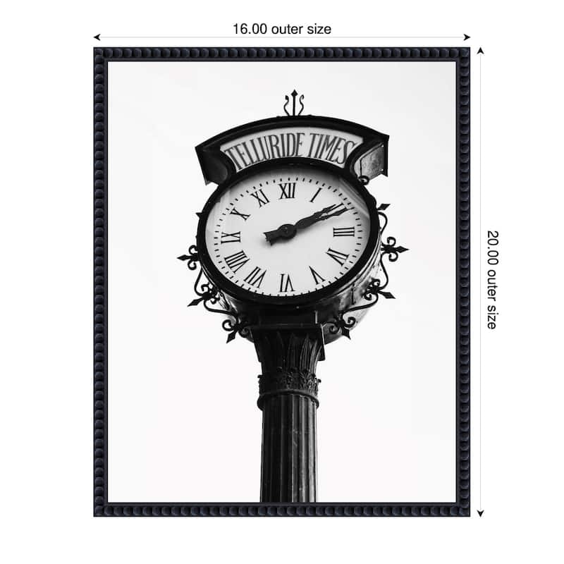 Vintage Street Clock with Marked Telluride Times by Del Mundo Imagery Framed Canvas Wall Art Print - Sylvie Beaded Black - 16 x 20 in