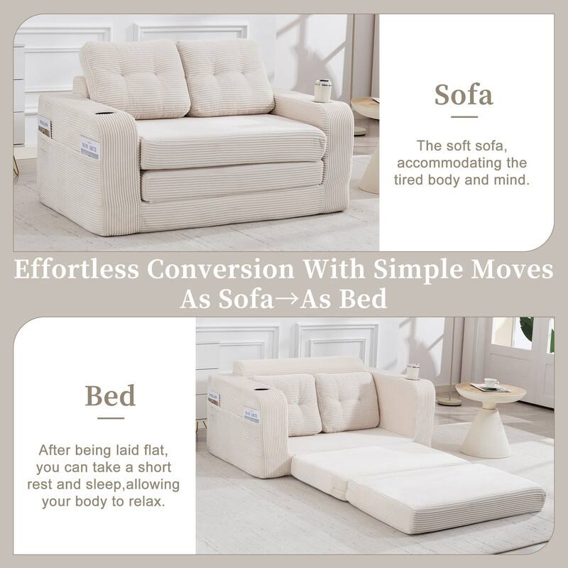 HOMEFUN 2 in 1 Convertible Sofa Bed,Corduroy Upholstered Compressed Sofa Bed for Living Room