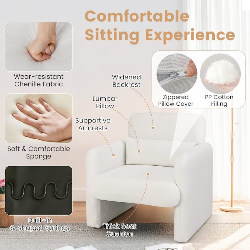 White Chenille Fabric Accent Chair with Lumbar Pillow and Armrests - 30" L x 29.5" W x 31" H