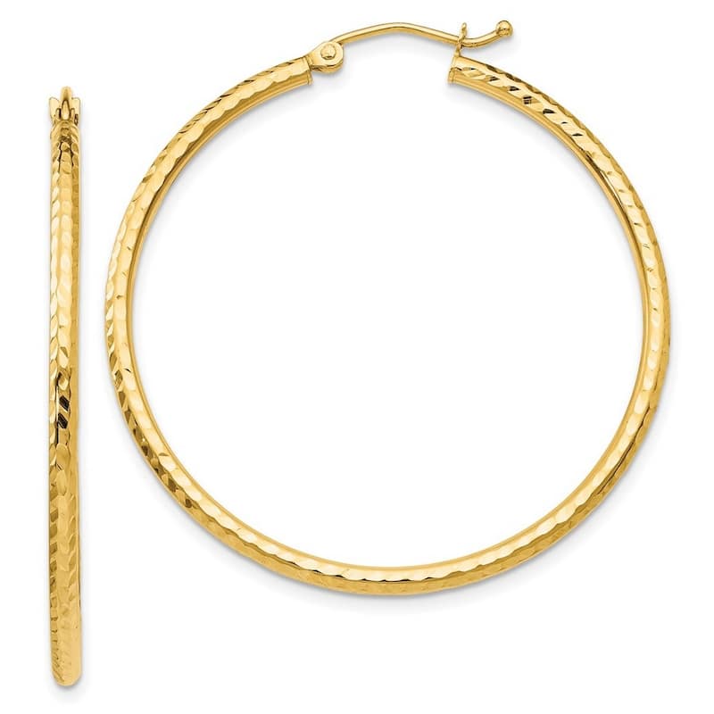 Curata 14k Yellow Gold Diamond-Cut 2x40mm Round Tube Hoop Earrings