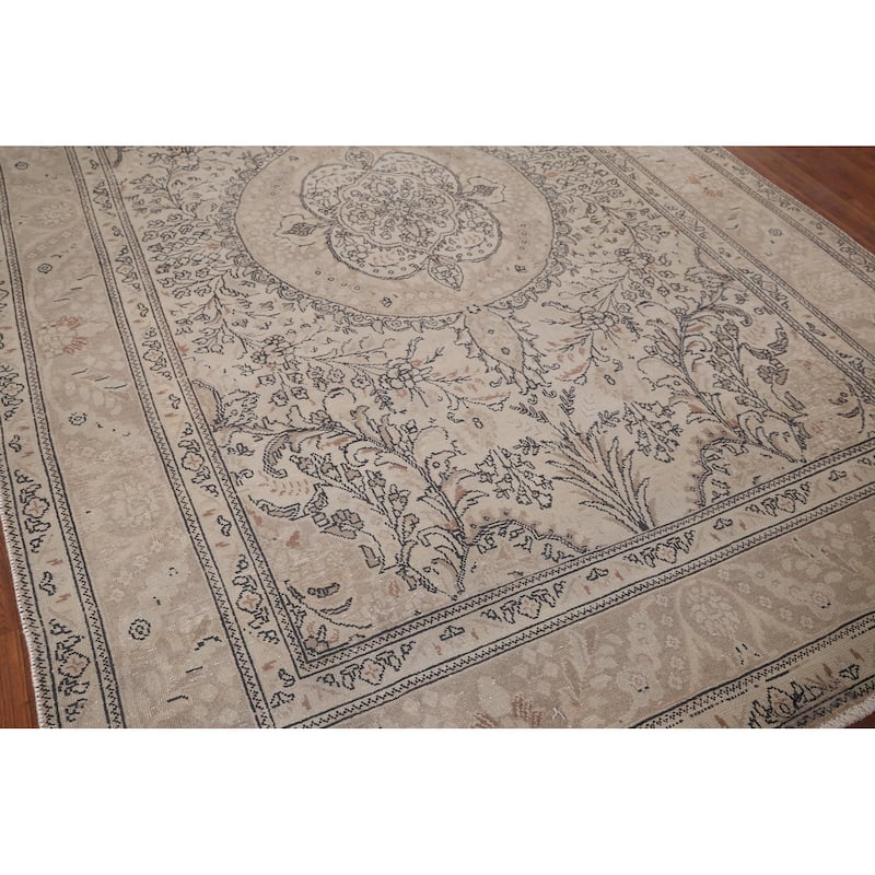 Distressed Tabriz Vintage Persian Rug Hand-Knotted Beige Wool Carpet - 6'6" x 9'11"