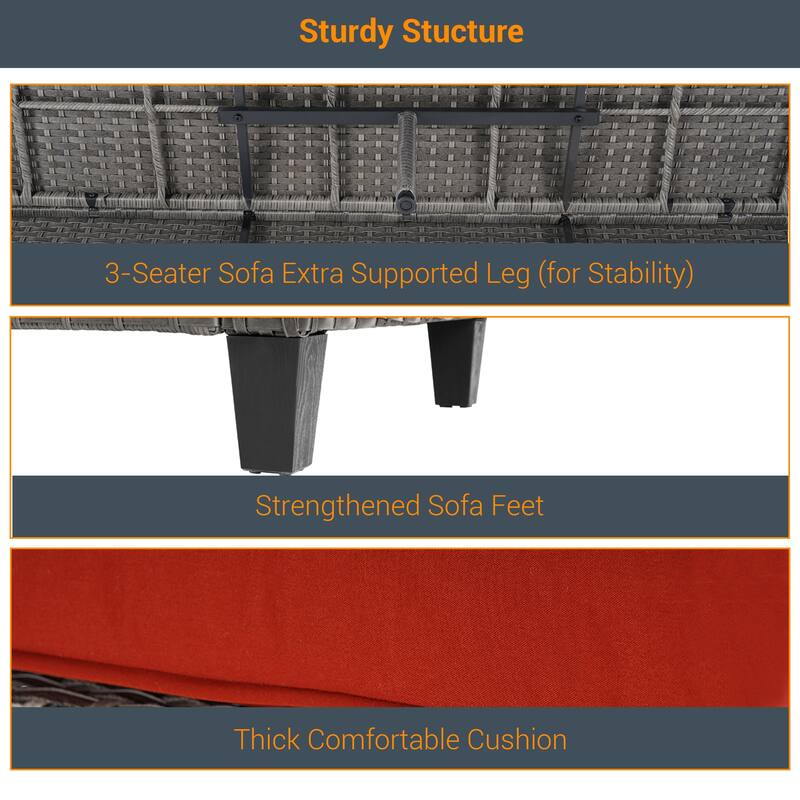 Livoosun 8 Pieces Patio Sofa with 28'' Fire Table Set, PE Wicker, Wide Armrests High Back Sofa Chair Design for Lawn, Patio