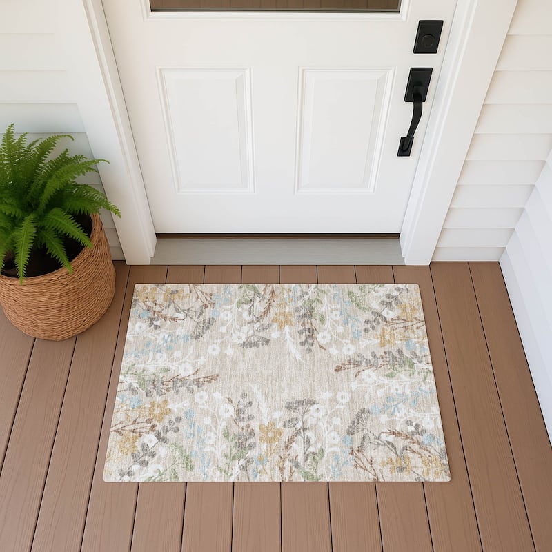 Machine Washable Indoor/ Outdoor Floral Border Chantille Rug - Beige - 1'8" x 2'6"