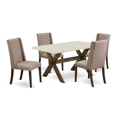 HomeStock 5-Piece Rectangle Distressed Jacobean Finish Solid Wood Top Dining Table with 4 Upholstered-Chairs with Lattice Back