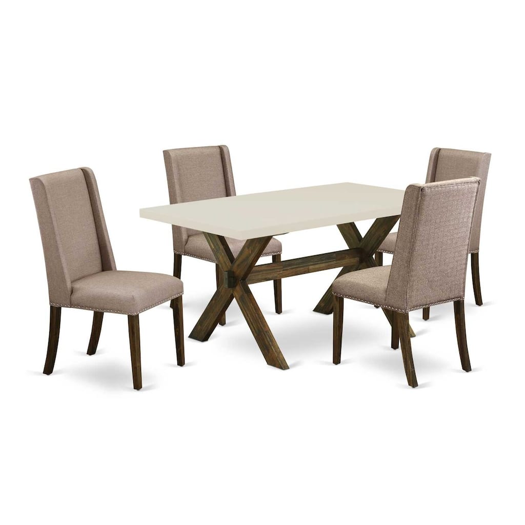 HomeStock 5-Piece Rectangle Distressed Jacobean Finish Solid Wood Top Dining Table with 4 Upholstered-Chairs with Lattice Back