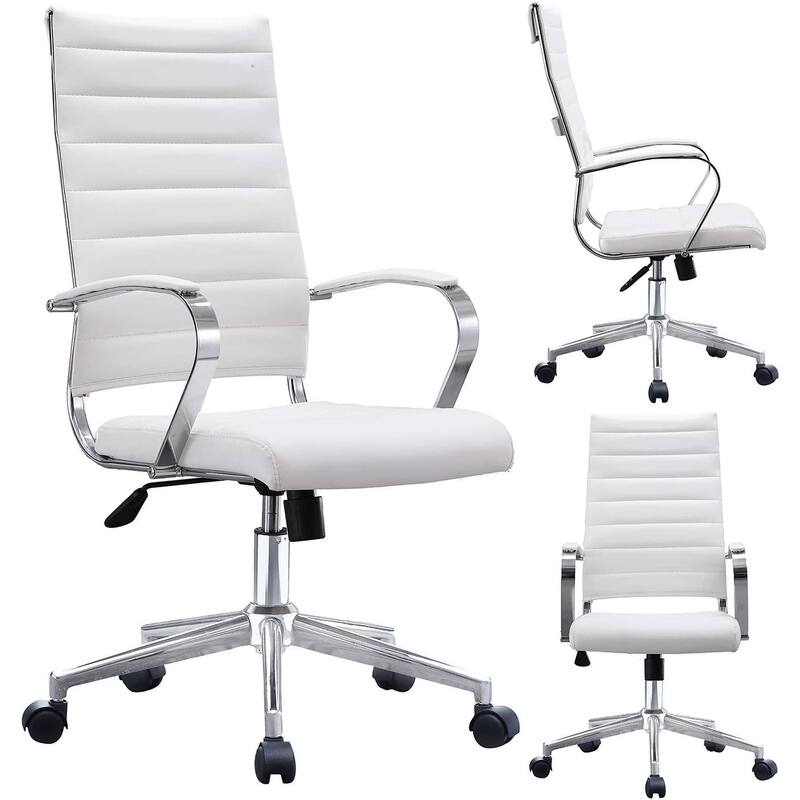 Modern High Back Office Chair Ribbed PU Leather Swivel Tilt Conference Room Computer Desk Cushion Seat Boss - White
