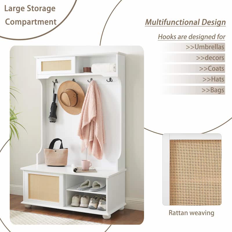 Casual Style Hall Tree Entryway Bench with Rattan Door Shelves and Shoe Cabinets