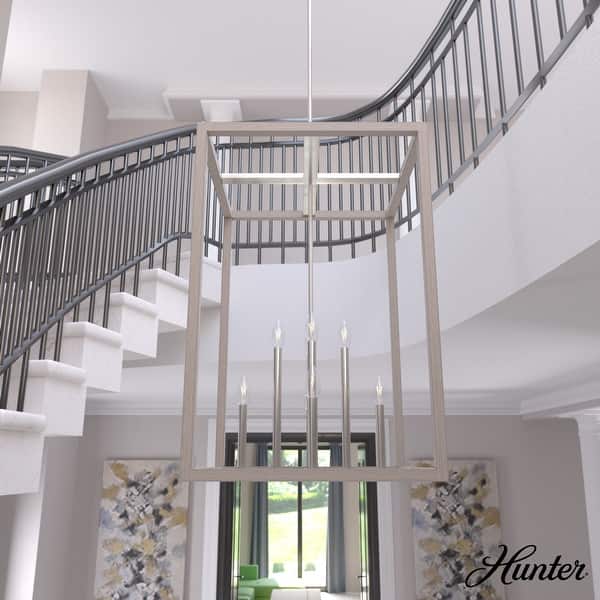 slide 2 of 35, Hunter Squire Manor Pendant - Foyer, Island, Dining Room - Candle, Cage, Modern Farmhouse, Lantern 22" 8 Light - Brushed Nickel -Bleached Wood