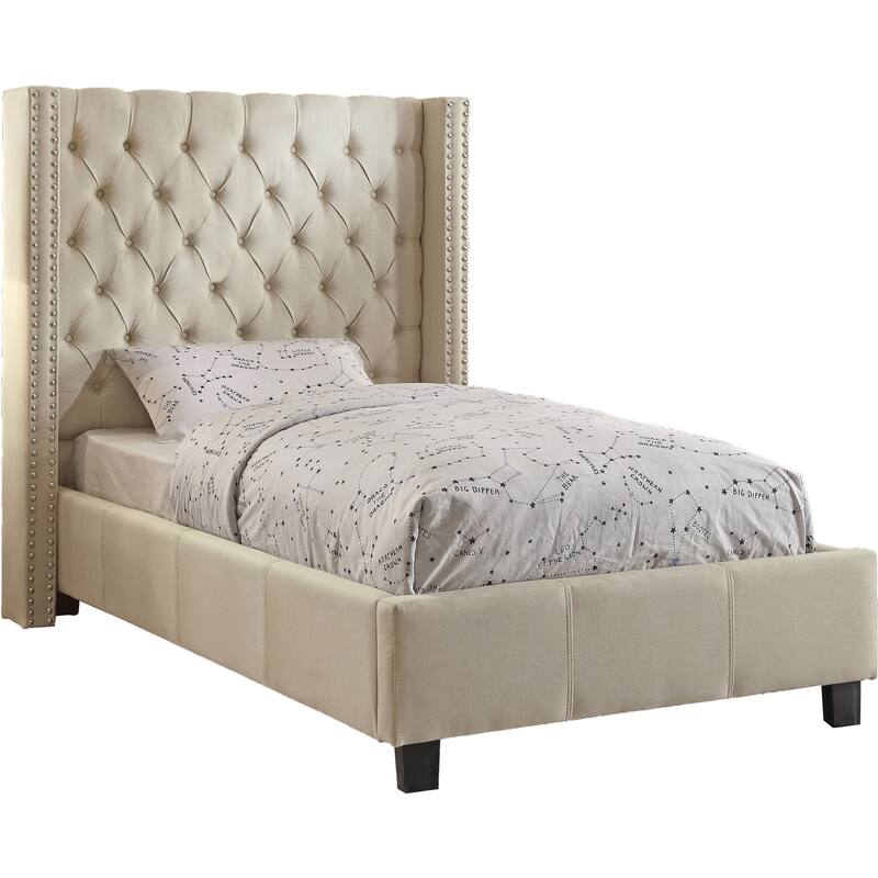 Linen Wingback Bed - Tufted Upholstered Bed with Nailhead Trim & Wood Legs