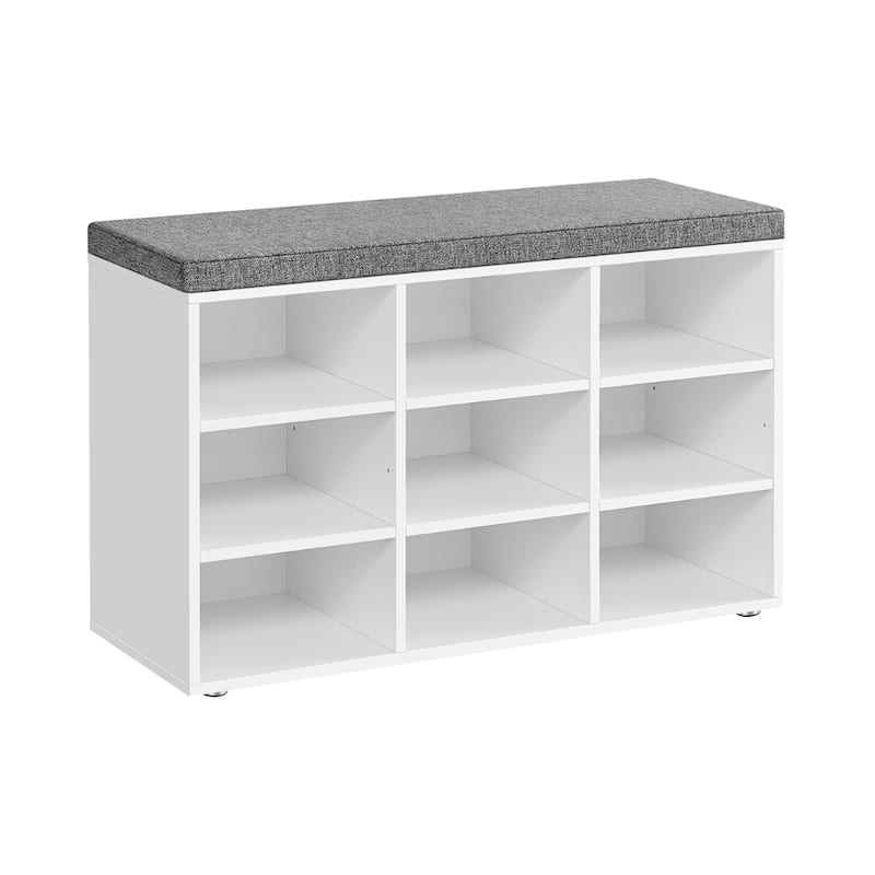 9-Compartment Storage Bench with Comfortable Linen-Look Seat Cushion for Shoes and Accessories - 11.9"D x 30.9"W x 18.9"H - White-Grey