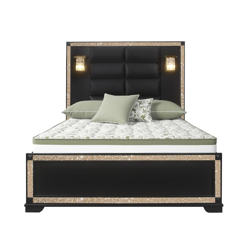 HomeRoots Black And Gold Faux Crystal Bling Wood And Upholstery Lighted Full Bed Frame