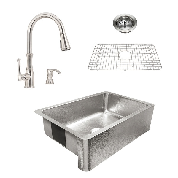 Percy Apron-Front Brushed Stainless Steel 32 in. Single Bowl Kitchen Sink with Pfister Wheaton Faucet All-in-One Kit. Opens flyout.