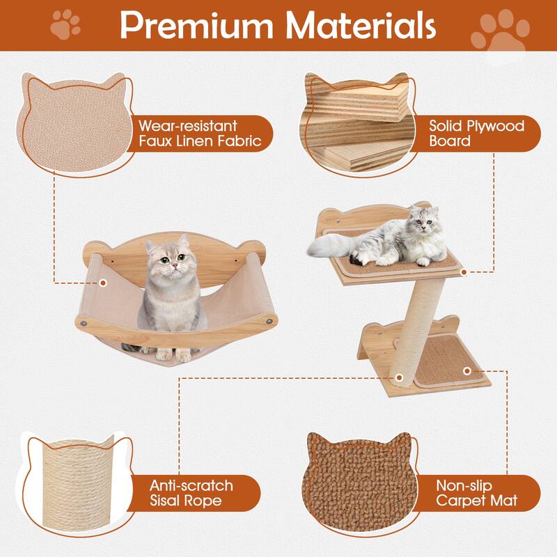 Natural Plywood Cat Wall Shelves with Hammock, Stairs and Scratching Posts - Hammock: 19" L x 13.5" W x 6.5" H