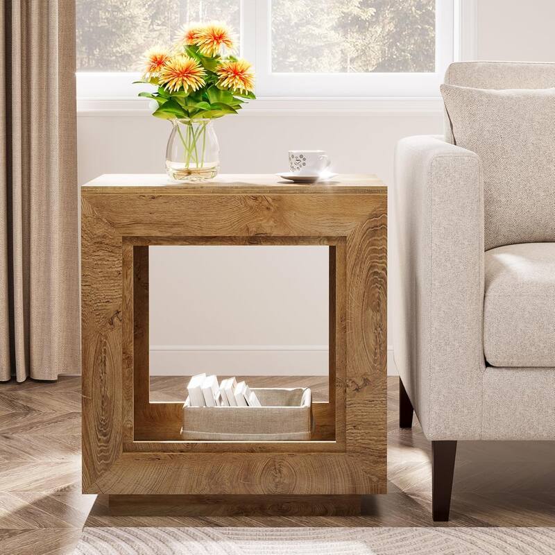 24" Rustic 2-Tier End Table, Side Table with Storage Shelf, Sofa Nightstand for Living Room, Bedroom, Entryway