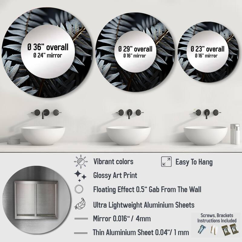 Designart "Monochromatic Fern Fronds" Plants Round Office Mirror - Grey Traditional Mirror For Wall Décor