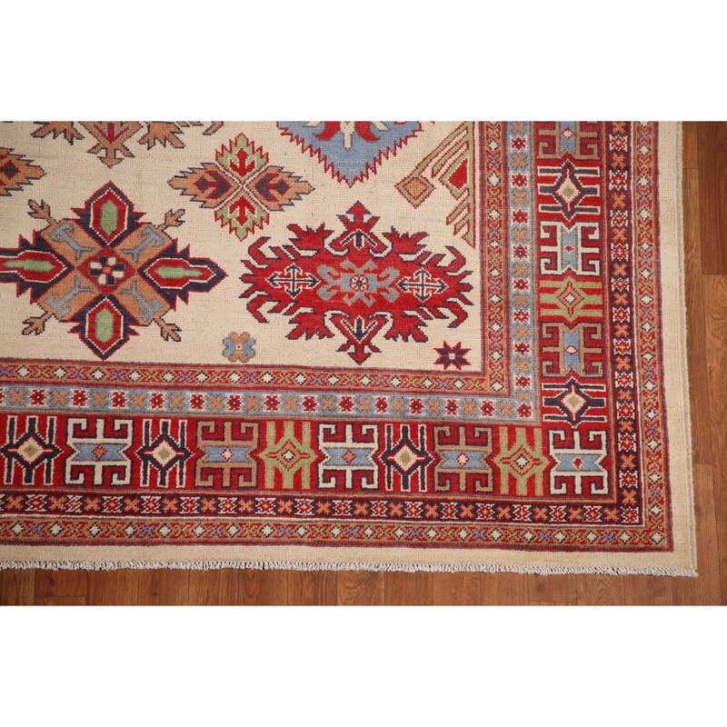 Ivory Geometric Kazak Area Rug Hand-Knotted Wool Carpet - 6'9" x 9'10"