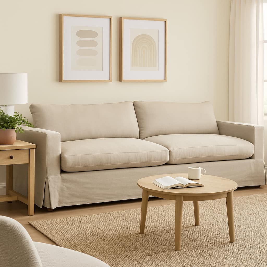 Aiza Sofa, 94 Inch, Feather Down Seating, Sand Brown, Linen Cover